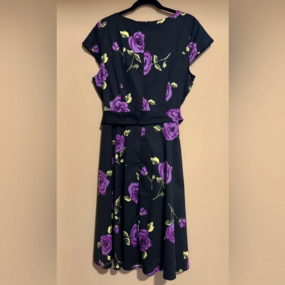 Women's Black Fit and Flair Midi Dress with Purple Rose Print and Waist Tie 2X - Picture 2 of 6